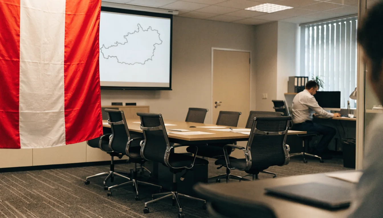 Büro mit österreichischer Flagge und Projektionsfläche